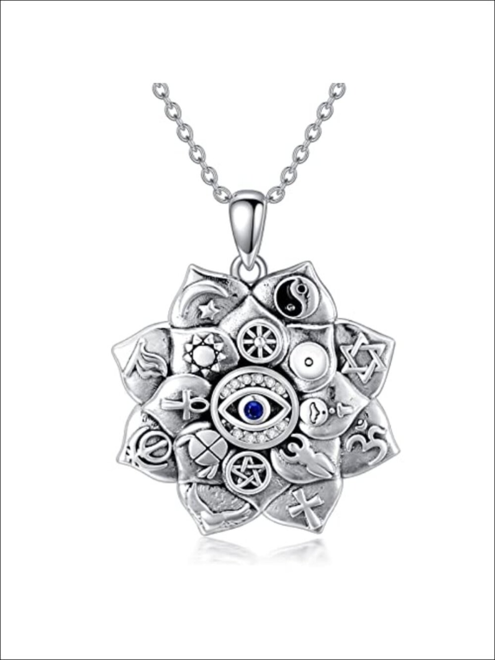 Sterling Silver Evil Eye Hamsa Lotus Flower Necklace Spiritual Amulet